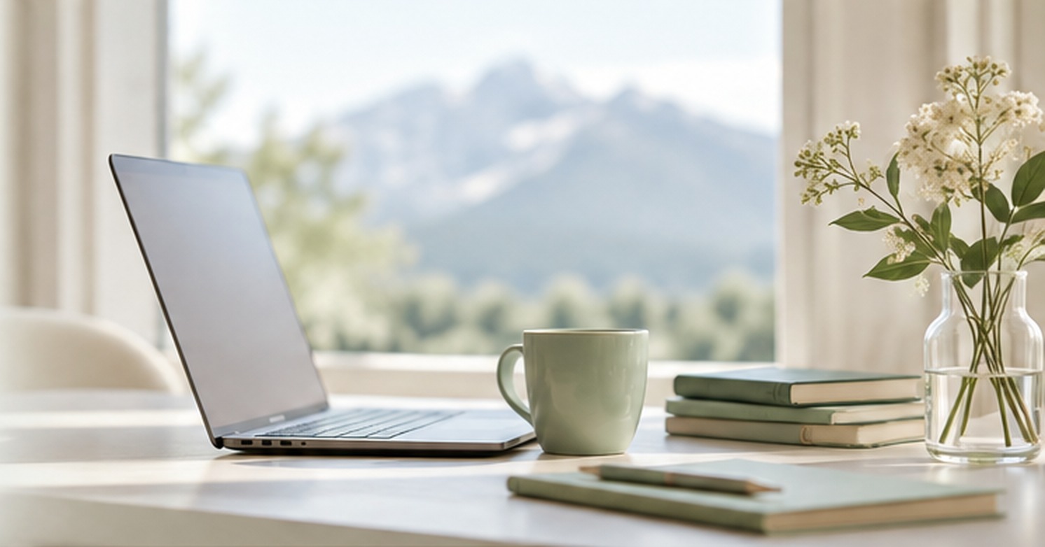 Laptop on a desk by a window with a mountain view
